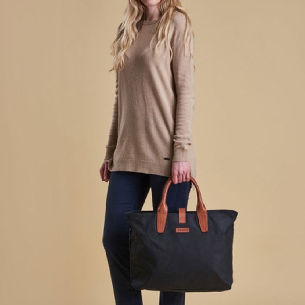 NWT Barbour Black Shopper Tote Bag with Brown Handles